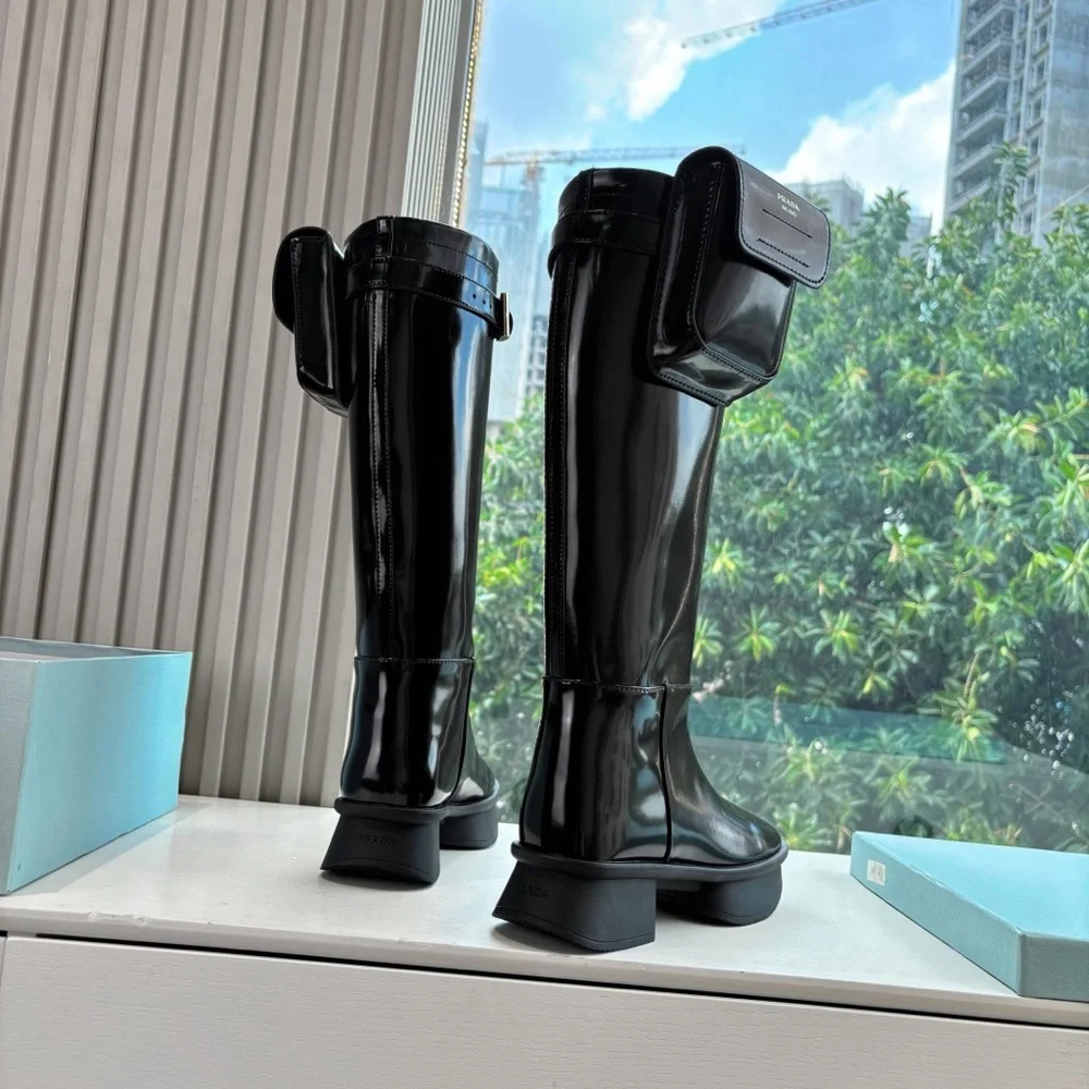 Prada Glossy Black Over the Knee Boots